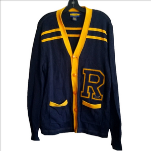 Ralph Lauren Rugby Tuffed R Letterman Cardigan Cotton Size Large Navy Ye…